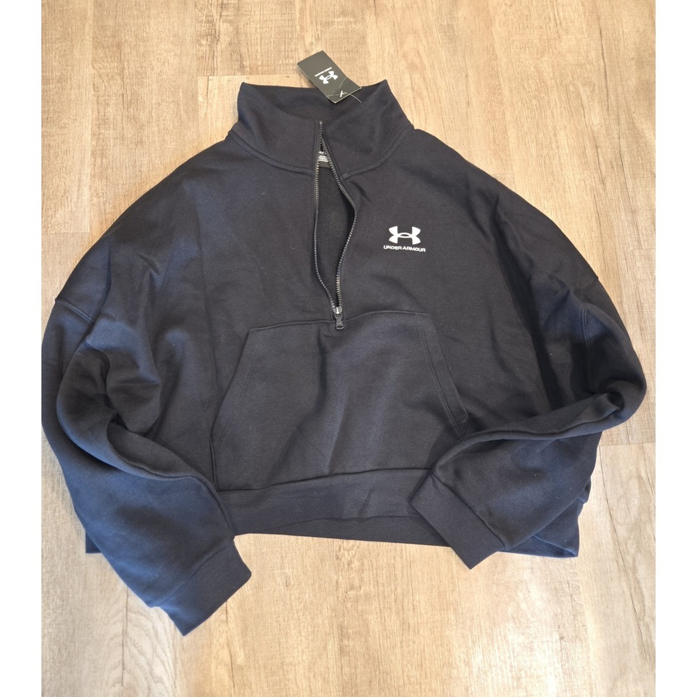 Under Armour Women's Icon Fleece Oversized Cropped 1/2 Zip Pullover Black XL NWT